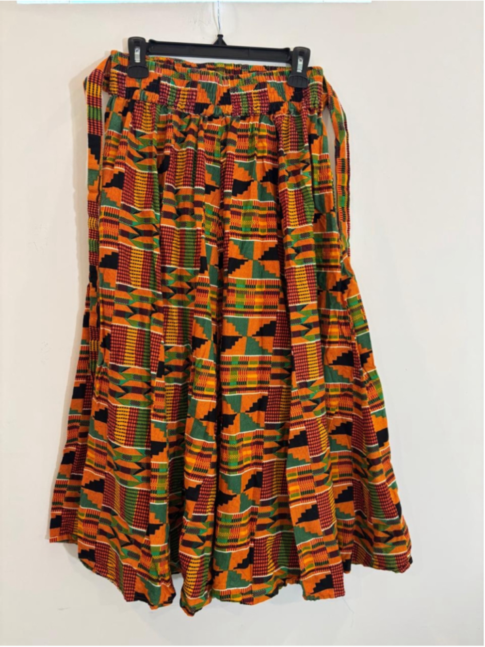 AJ African Kente Wax Print Maxi Skirt Orange Green Smocked Waist Boho #C85